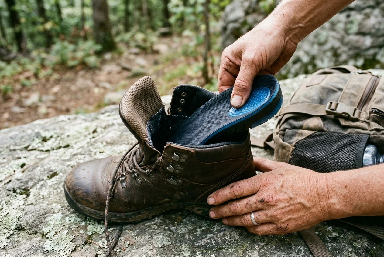 Hiker hands sliding a cushioned blue gel replacement insole into the heel cup of a leather hiking boot on a lichen-covered rock outdoors