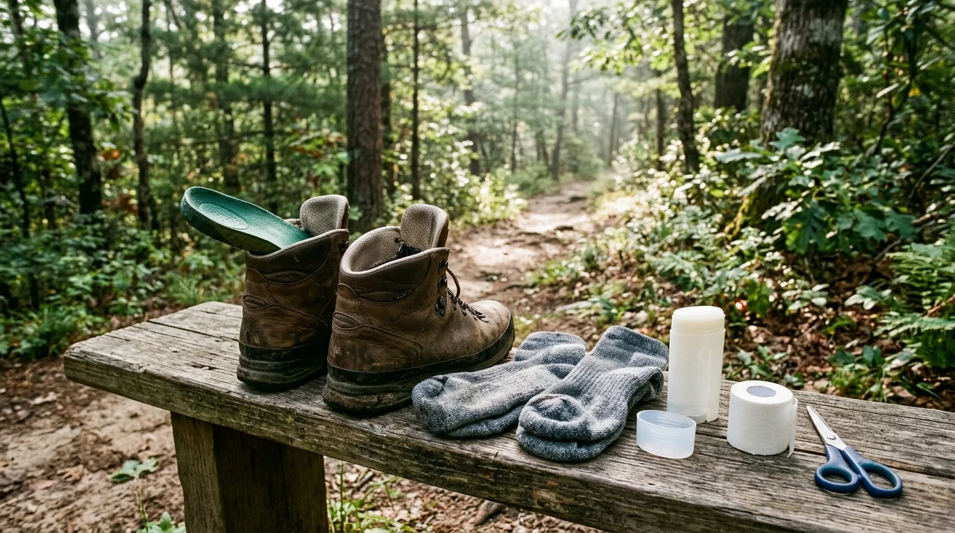 Brown leather hiking boots with a green gel insole beside folded grey hiking socks, an unlabeled white balm stick, a roll of white paper tape, and scissors on a wooden bench