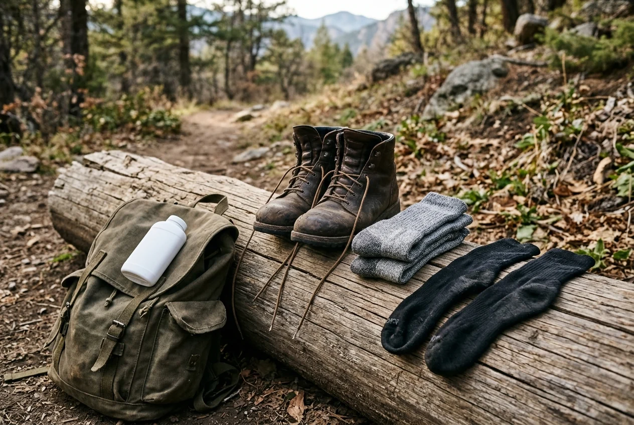 Leather hiking boots, folded grey wool socks, and black socks beside an olive canvas rucksack on a fallen log at a trail halt