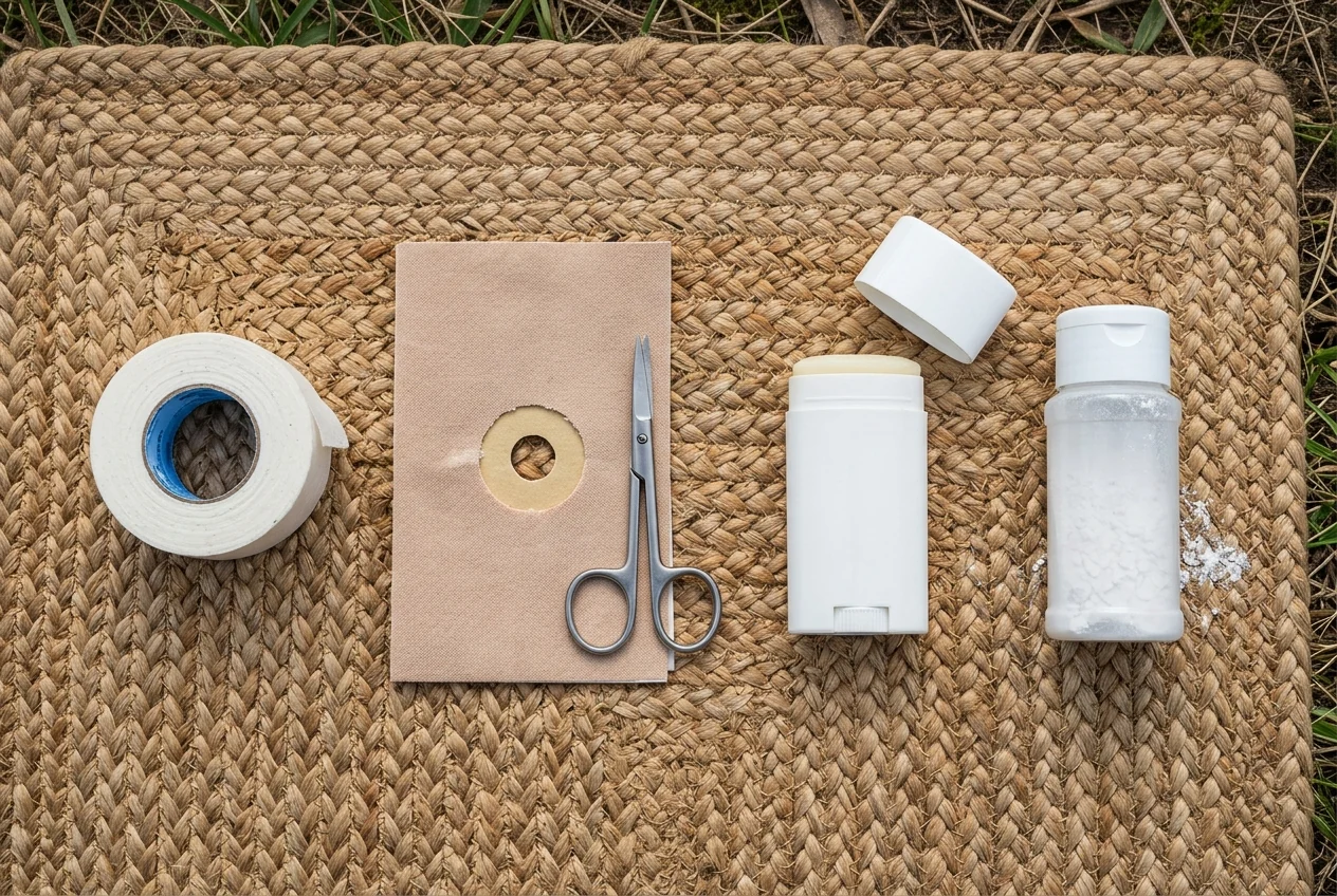 Flat-lay arrangement of surgical paper tape, beige moleskin padding with a circular relief cutout, bandage scissors, an unlabeled white balm stick, and a clear plastic powder bottle on a tan woven outdoor mat