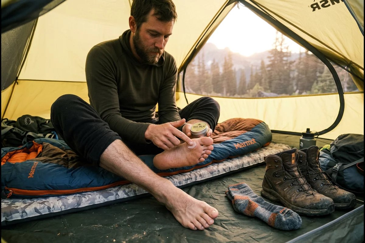 Backpacker sitting inside trekking tent applying protective foot care balm before morning march