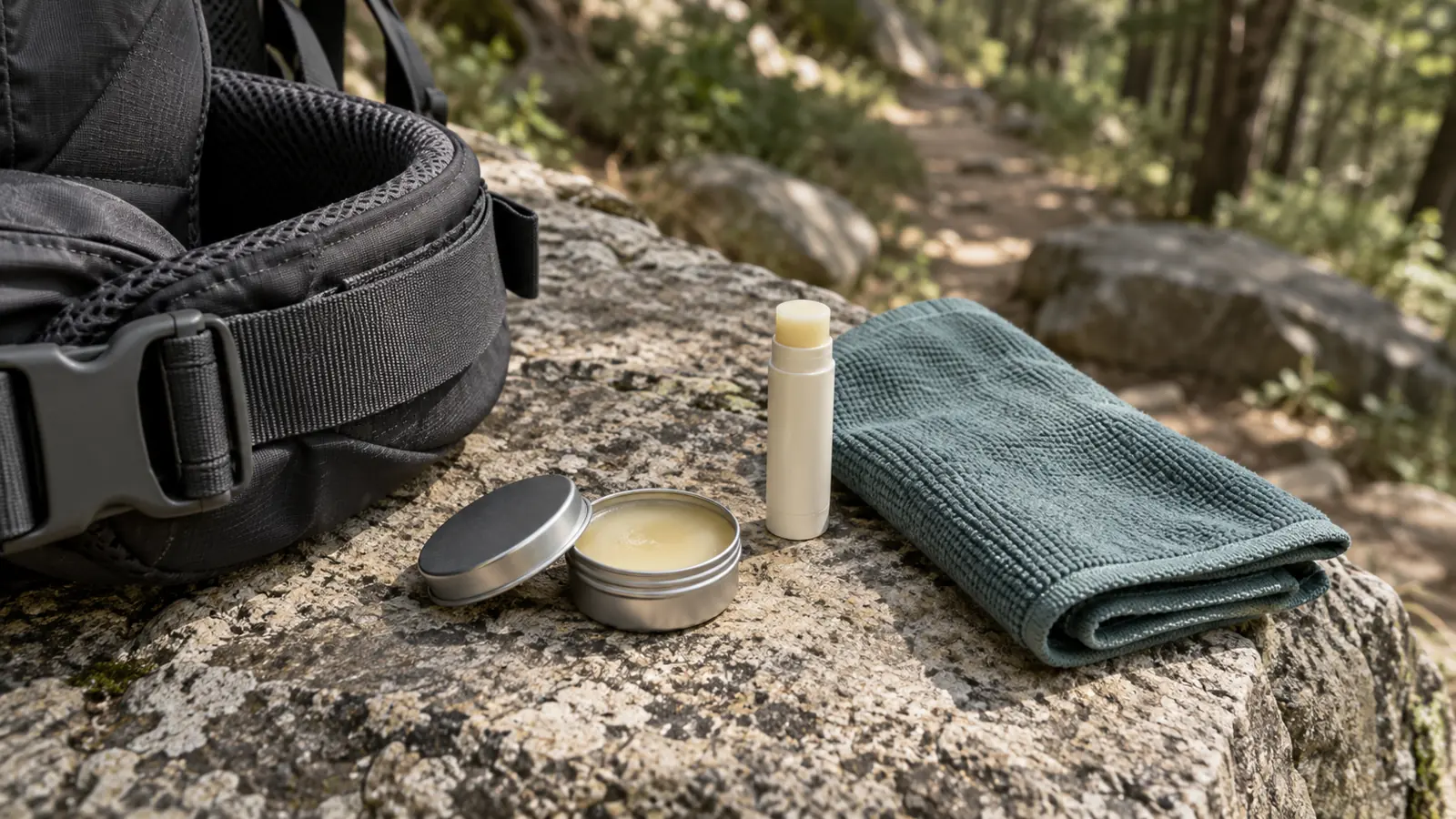 An unlabeled balm tin and stick beside a folded towel and a pack hip belt on a stone ledge outdoors