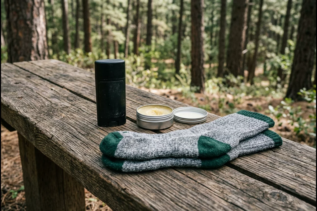 Outdoor anti-chafing stick, herbal foot salve tin, and merino wool socks on camp bench