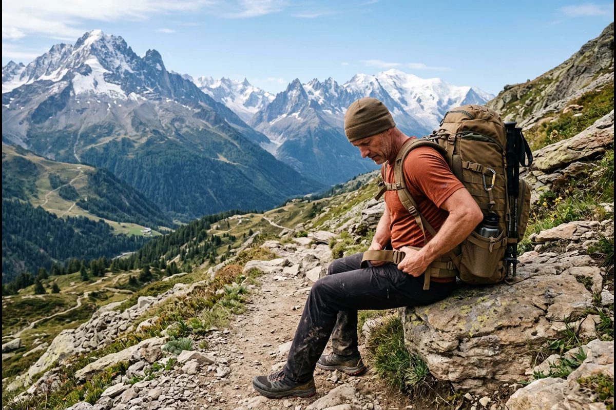 Hiker with heavy tactical rucksack adjusting padded shoulder and hip belt harness on alpine trail