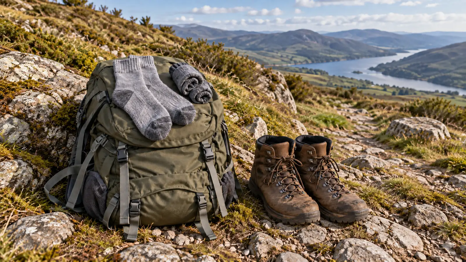 Grey wool-blend walking socks and a spare dry pair laid on a pack beside worn hiking boots at a trail rest stop