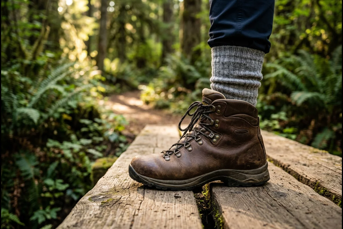 Leather hiking boot and thick cushioned grey merino wool hiking crew sock on wooden trail boardwalk