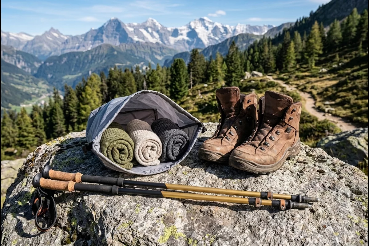 Hiking gear resting on alpine rock including spare dry wool socks in dry bag, boots, and trekking poles