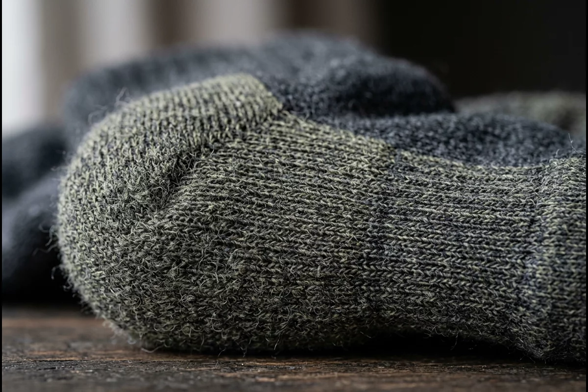 Macro texture photograph showing dense knit weave and cushion loops of premium merino wool outdoor sock
