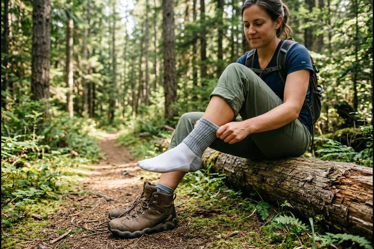 Hiker demonstrating double sock layering system with moisture-wicking thin liner under thick outer wool sock
