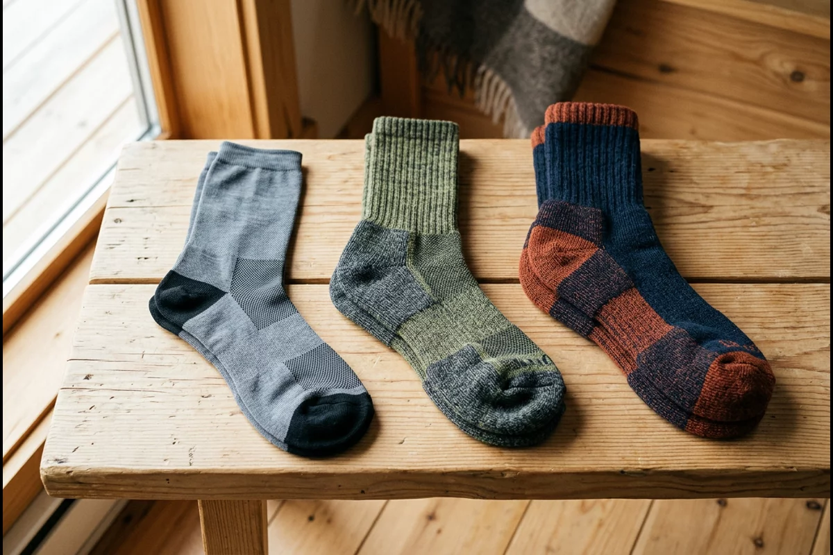 Technical hiking socks arranged neatly by thickness from thin liner to heavy wool trekking socks