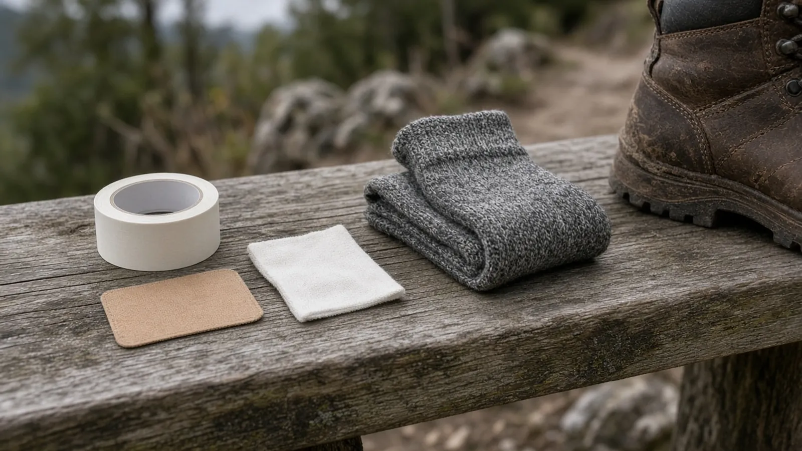 An unlabeled roll of paper tape, a plain pad, a soft plaster, a wool sock, and a hiking boot on a wooden bench