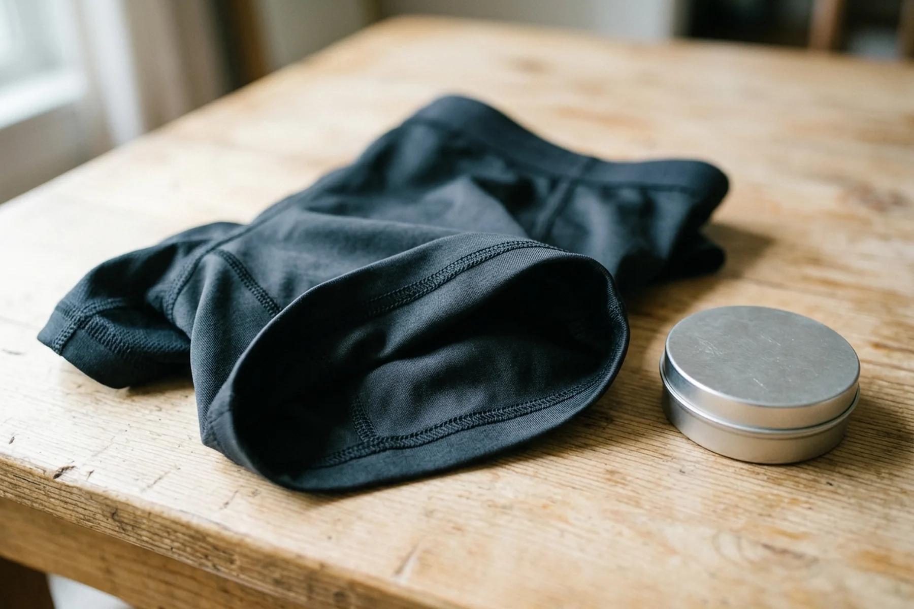 A liner turned partly inside out beside a closed unlabeled tin