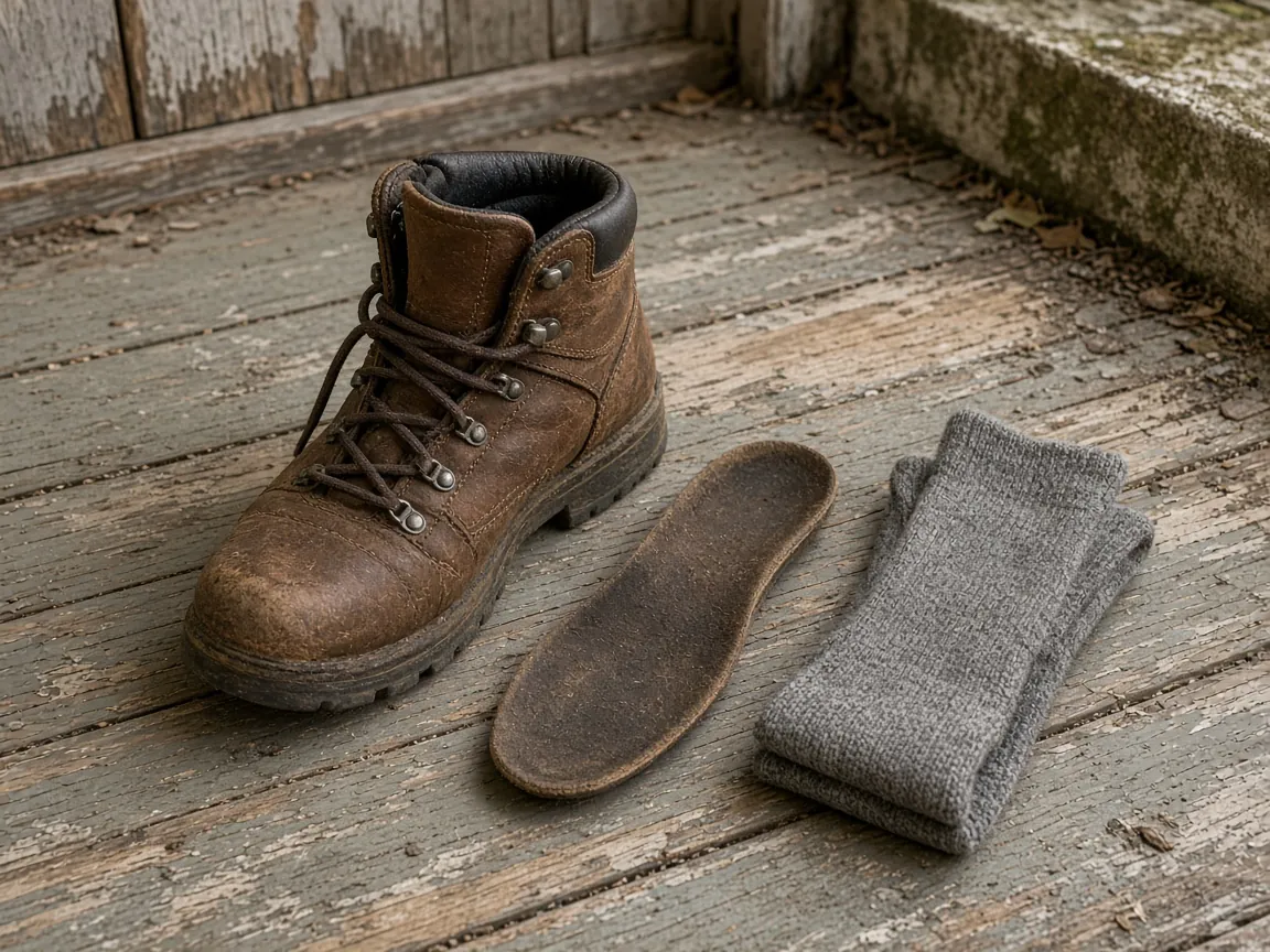 A hiking boot with the insole beside it and a folded grey sock pair on a wooden porch