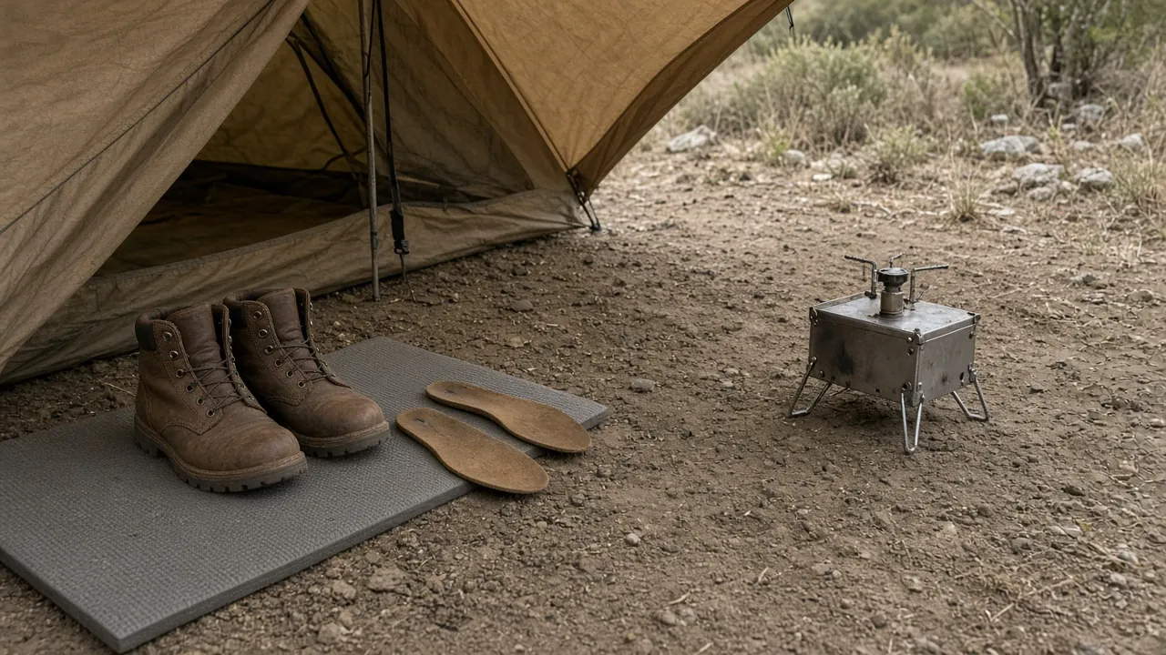 Hiking boots and removed insoles on a pad under an open tent fly, with an unlit stove set apart