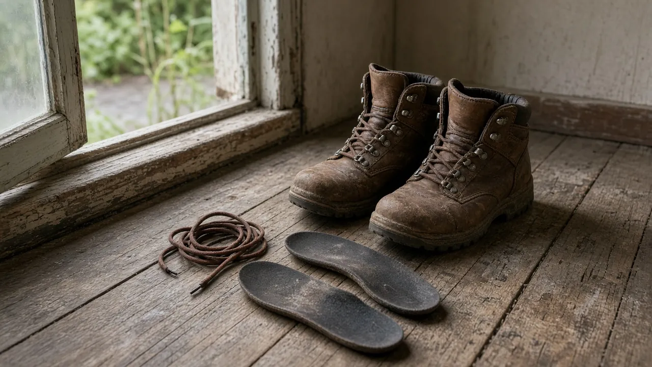 Hiking boots by an open window with the insoles set on the wooden floor beside them