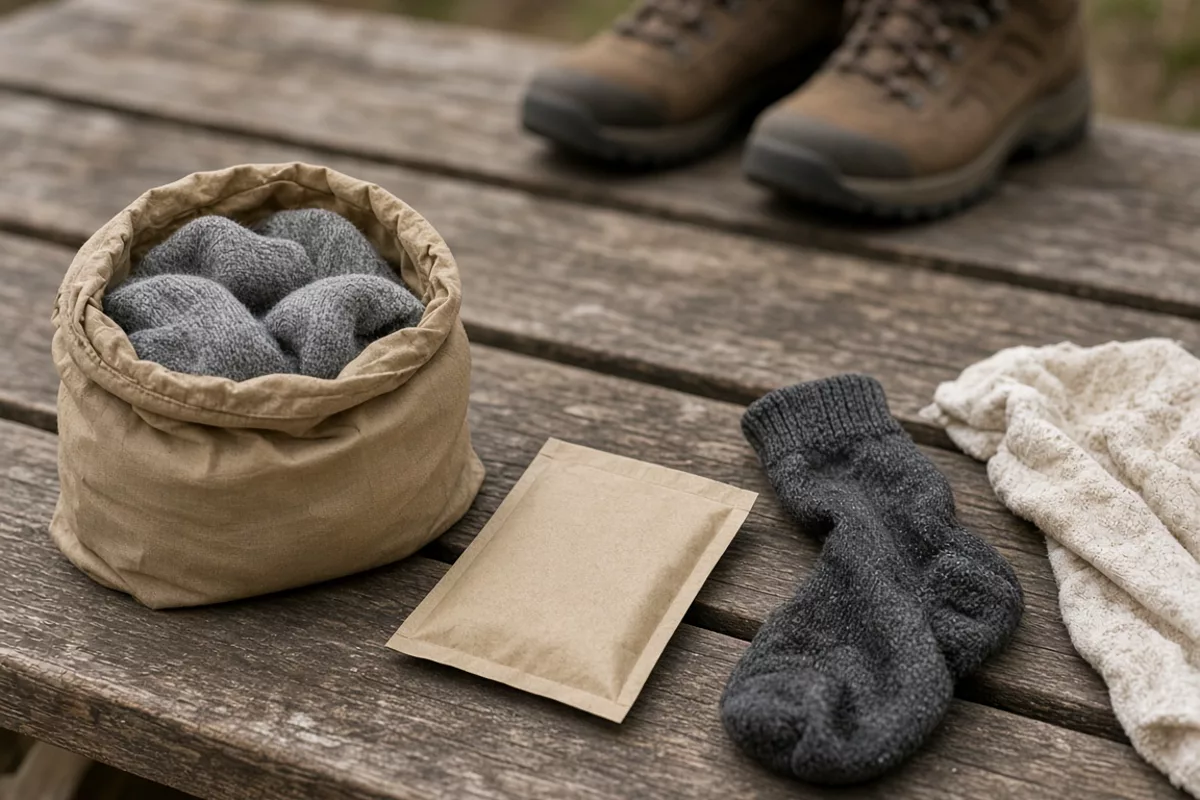 Illustration: dry socks in a cloth sack, a blank sealed packet, and a damp sock with a cloth set apart on a wooden table