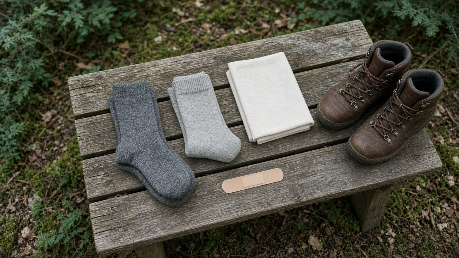 Illustration: spare socks, a folded clean cloth, and a plain plaster on a wooden table beside empty hiking boots