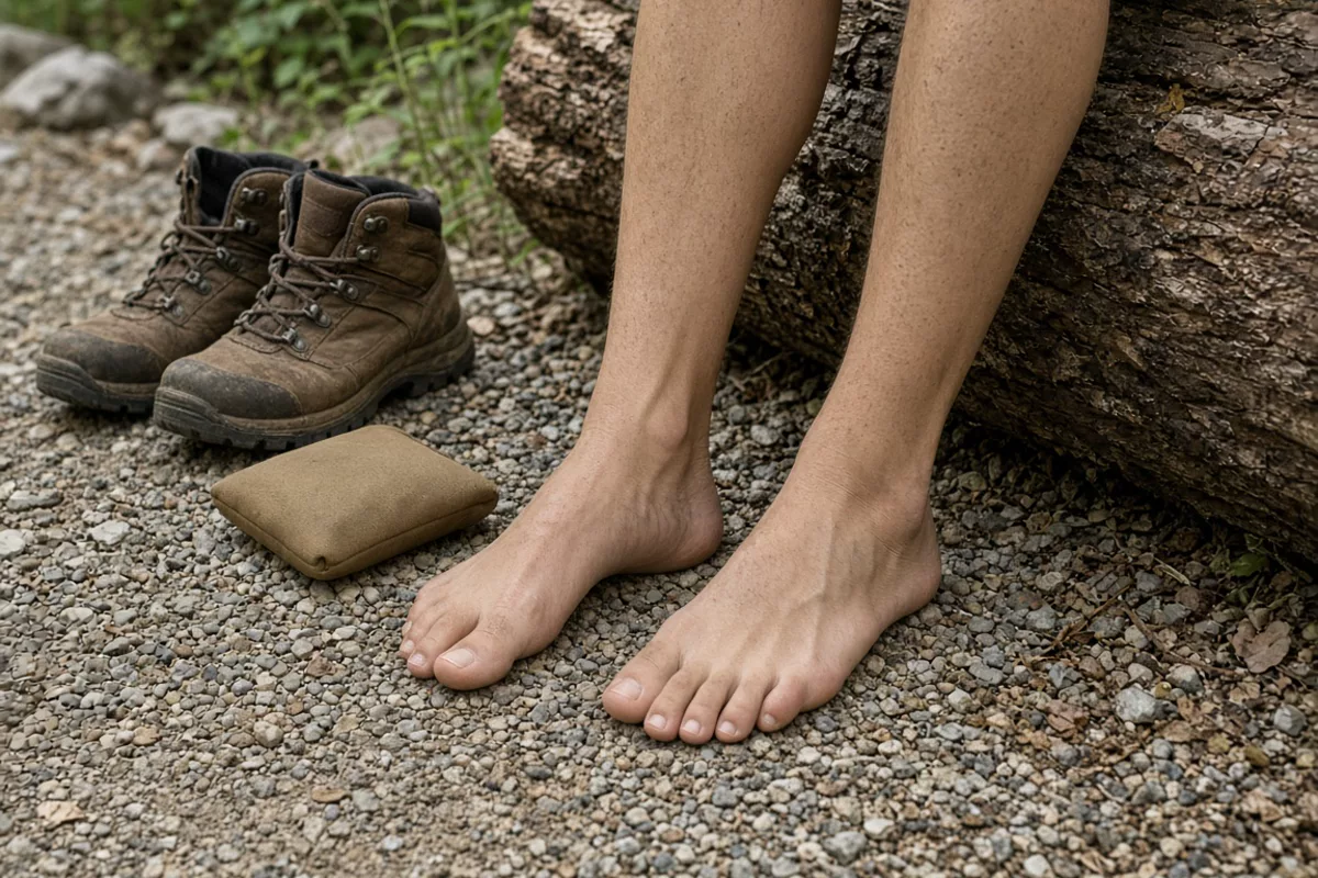 Illustration: bare intact feet at a gravel rest stop, empty hiking boots, and a closed pouch, with no treatment underway