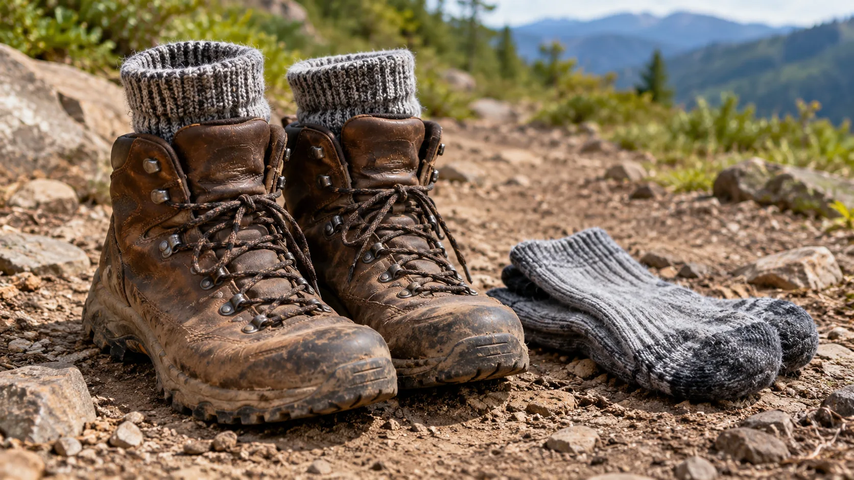Worn leather hiking boots on a dirt trail with thick grey socks and a spare dry pair beside them