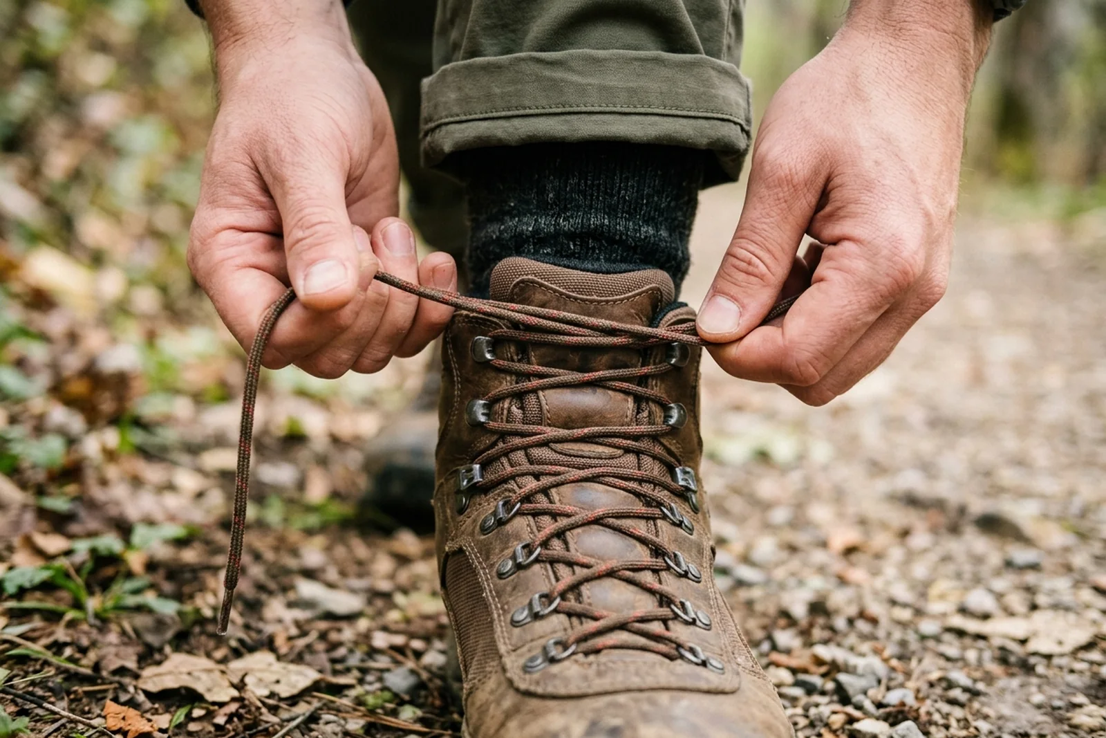Hands adjusting the laces over the instep of a hiking boot on a trail