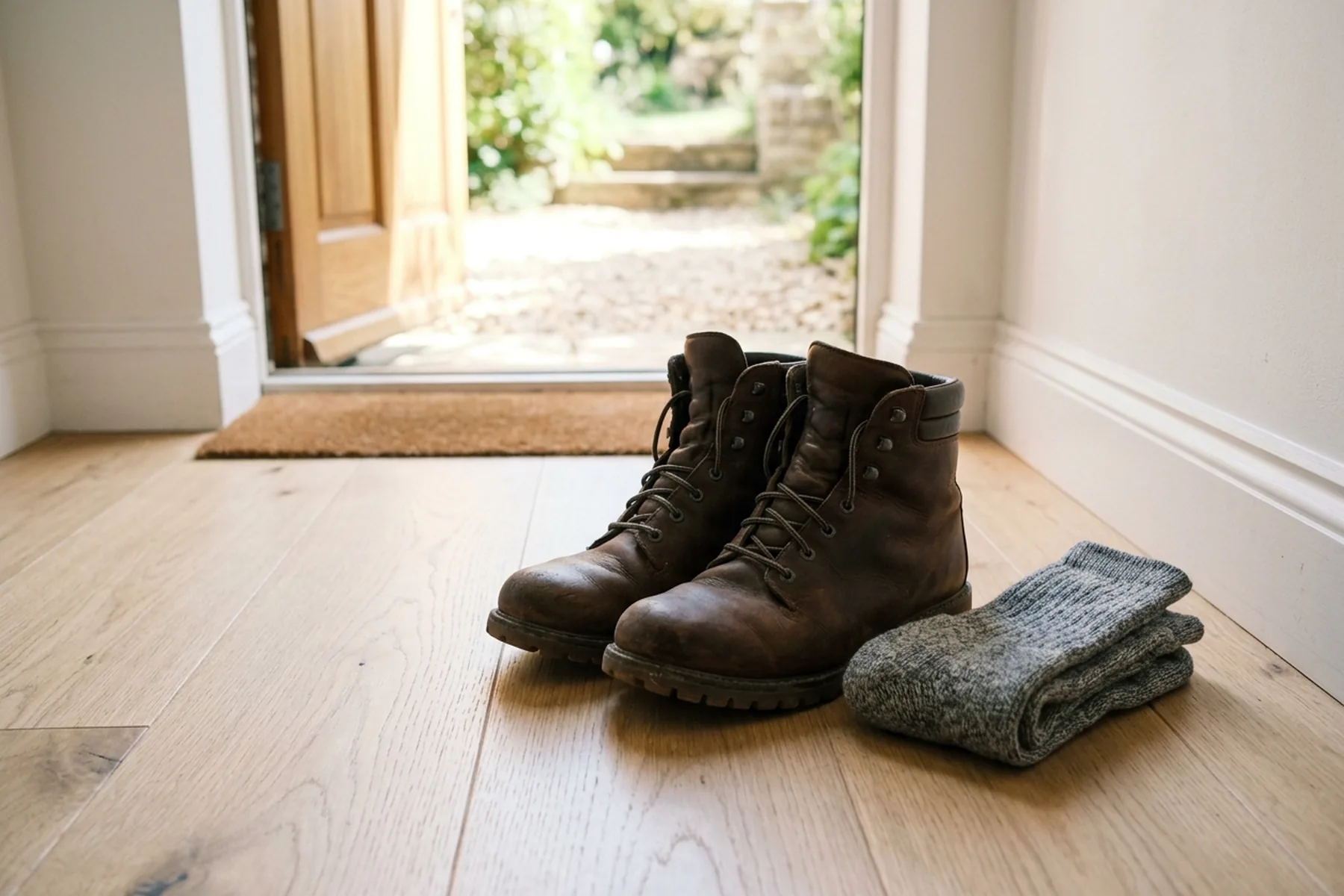 Brown hiking boots and folded grey socks on a wood floor inside an open doorway