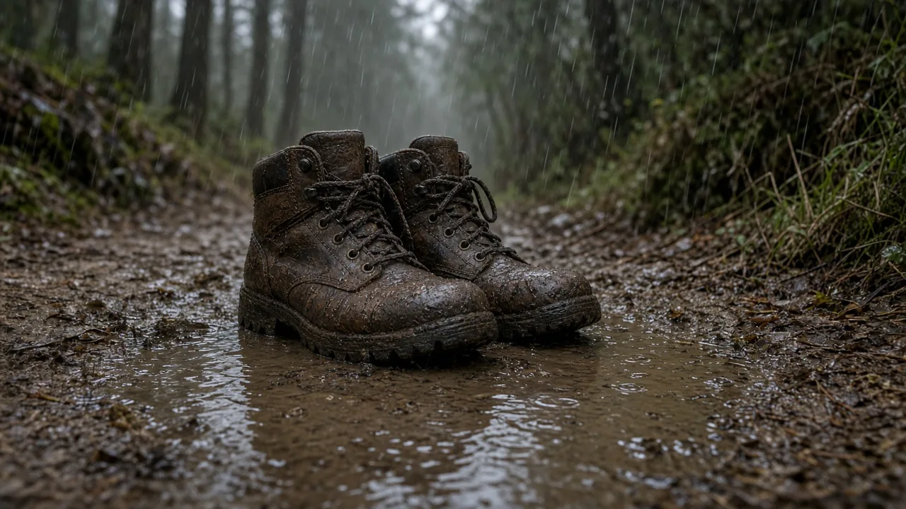 Muddy hiking boots standing in a puddle on a wet forest trail in the rain
