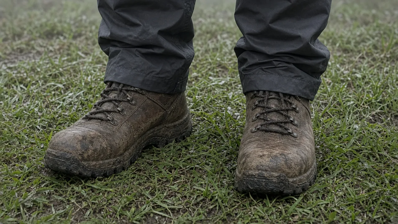 Dark rain-pant cuffs covering the tops of muddy hiking boots on wet grass