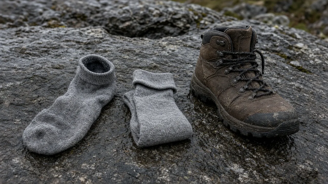 An open grey sock, a folded grey sock, and a hiking boot on a wet rock