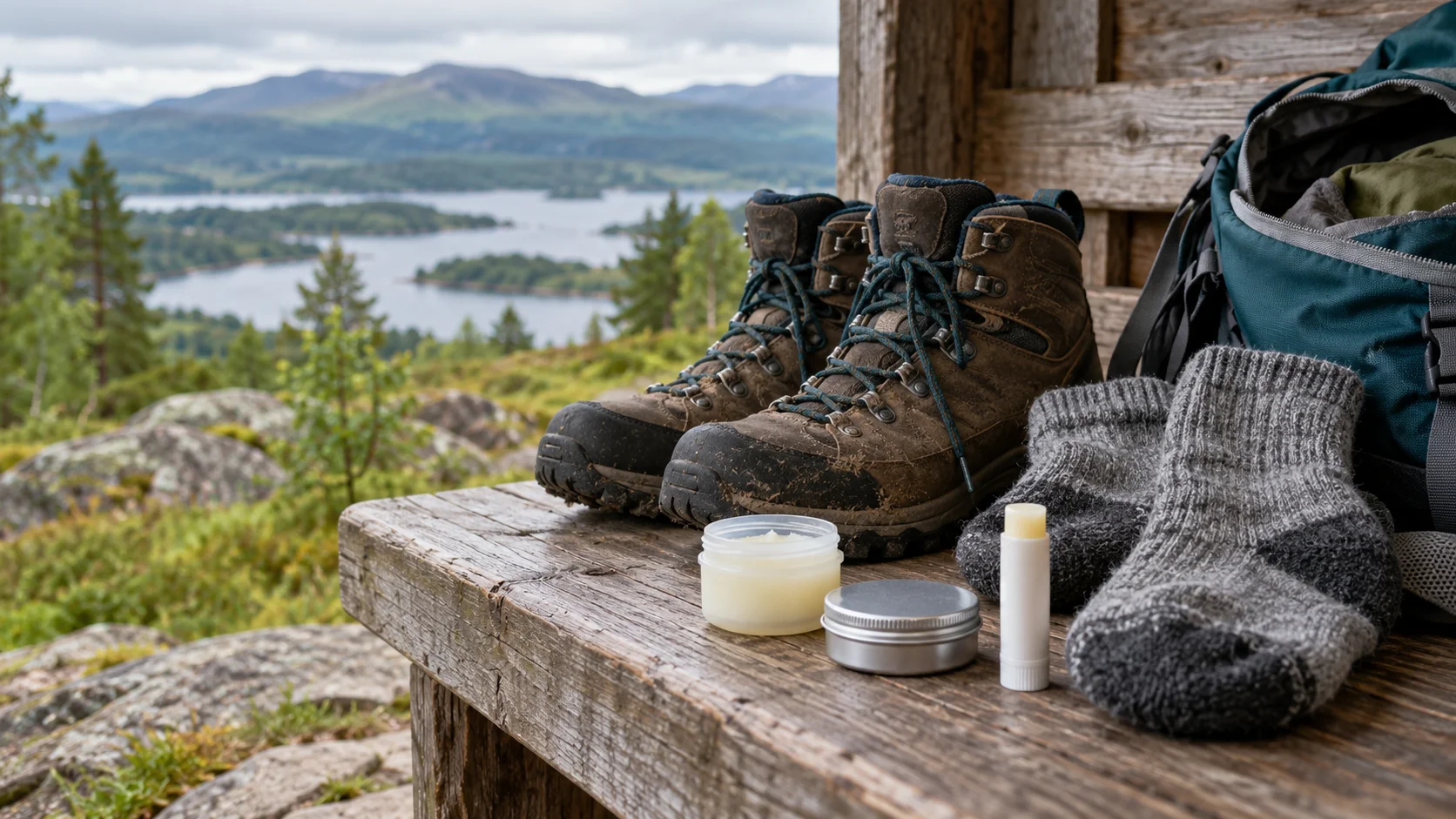 Plain jelly jar, ointment tin and balm stick beside hiking boots, gray socks and a daypack on a shelter bench