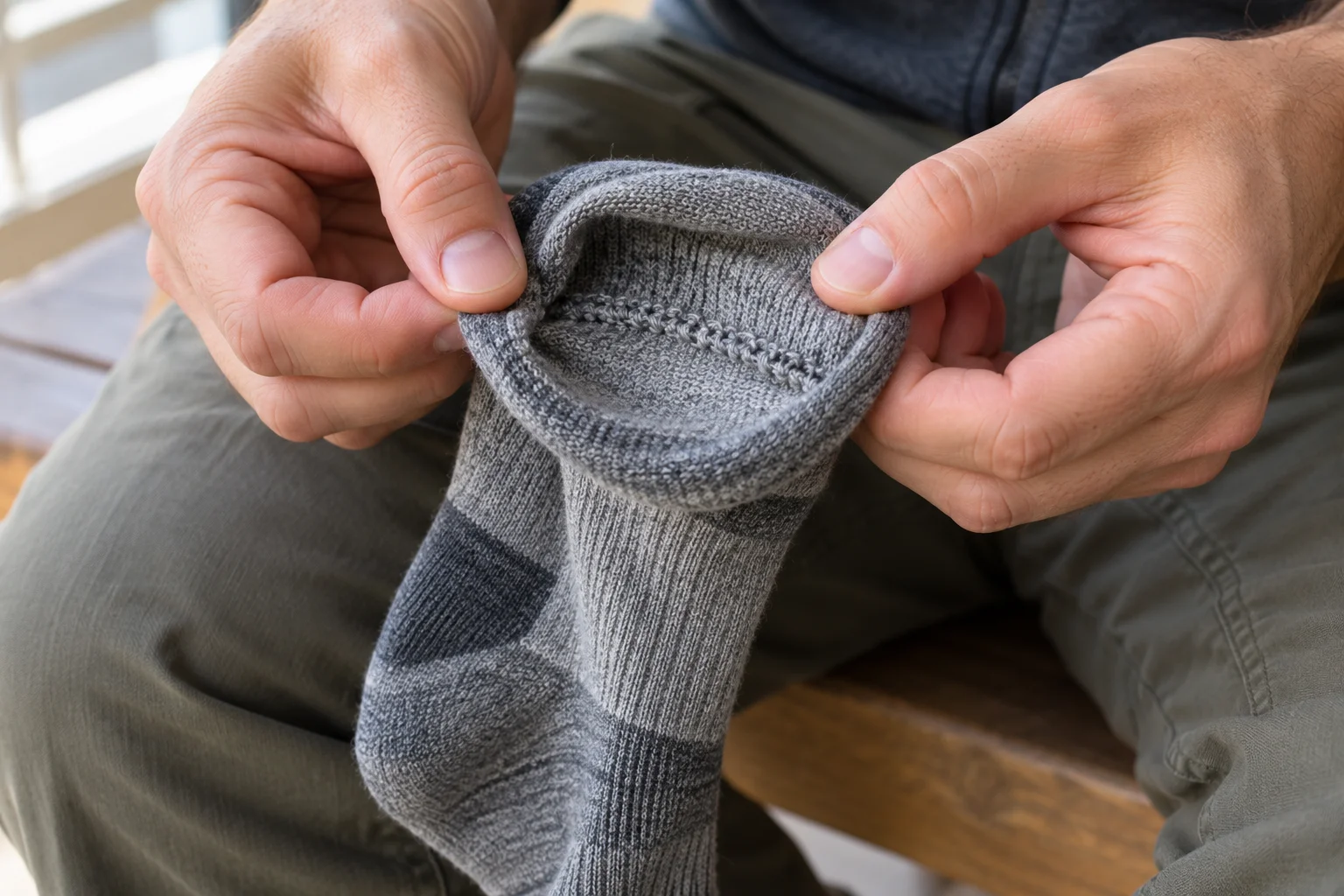 Hands holding a gray hiking sock partly inside out to expose a curved seam and the inner knit