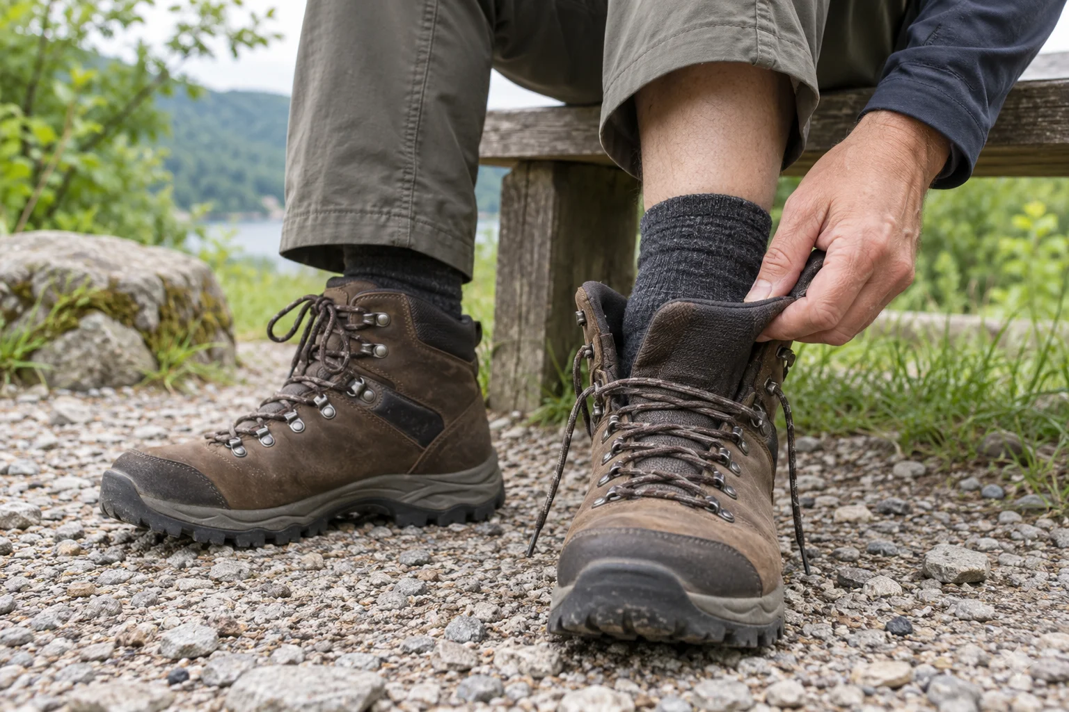 Seated walker pulling forward a loosened hiking boot tongue beside a charcoal sock