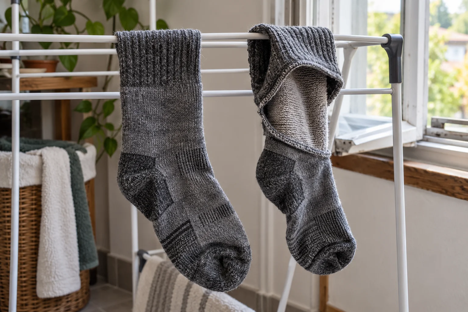 Two gray hiking socks hanging apart on a drying rack by a window, with one cuff turned outward