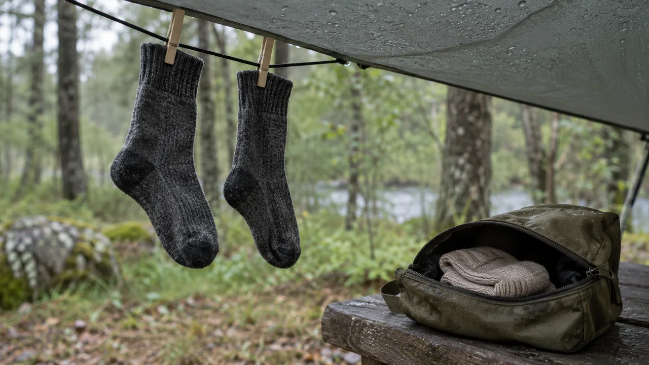 Two charcoal socks clipped to a line beneath a tarp, with beige socks in an open olive pouch below