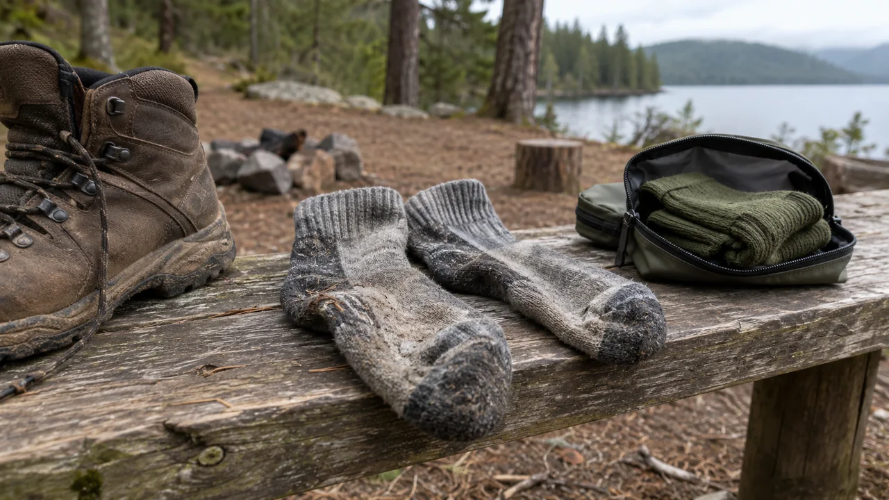 Dusty grey socks and hiking boots on a wooden bench beside folded olive socks in an open pouch