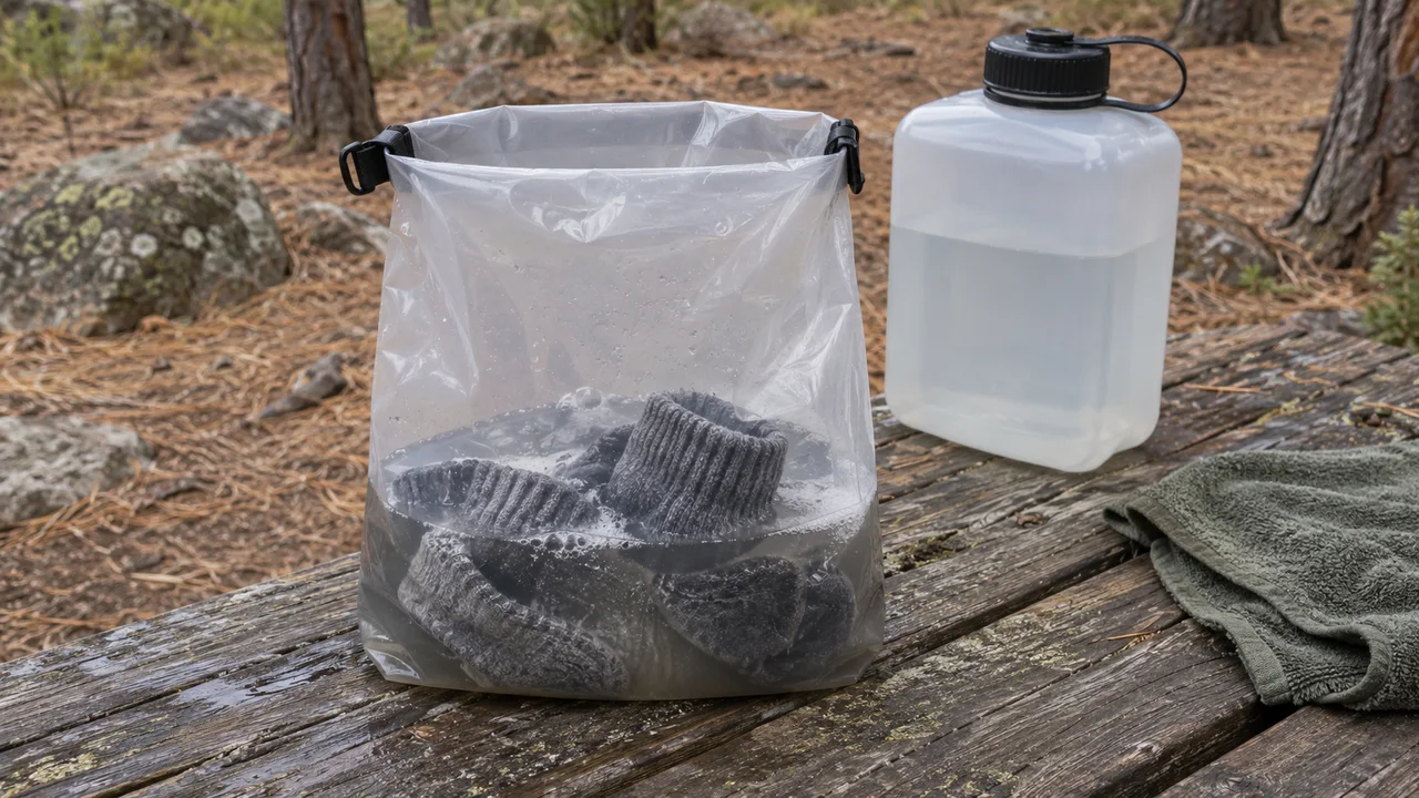 Grey knit socks in a translucent wash bag on a wooden table beside a water jug and green towel