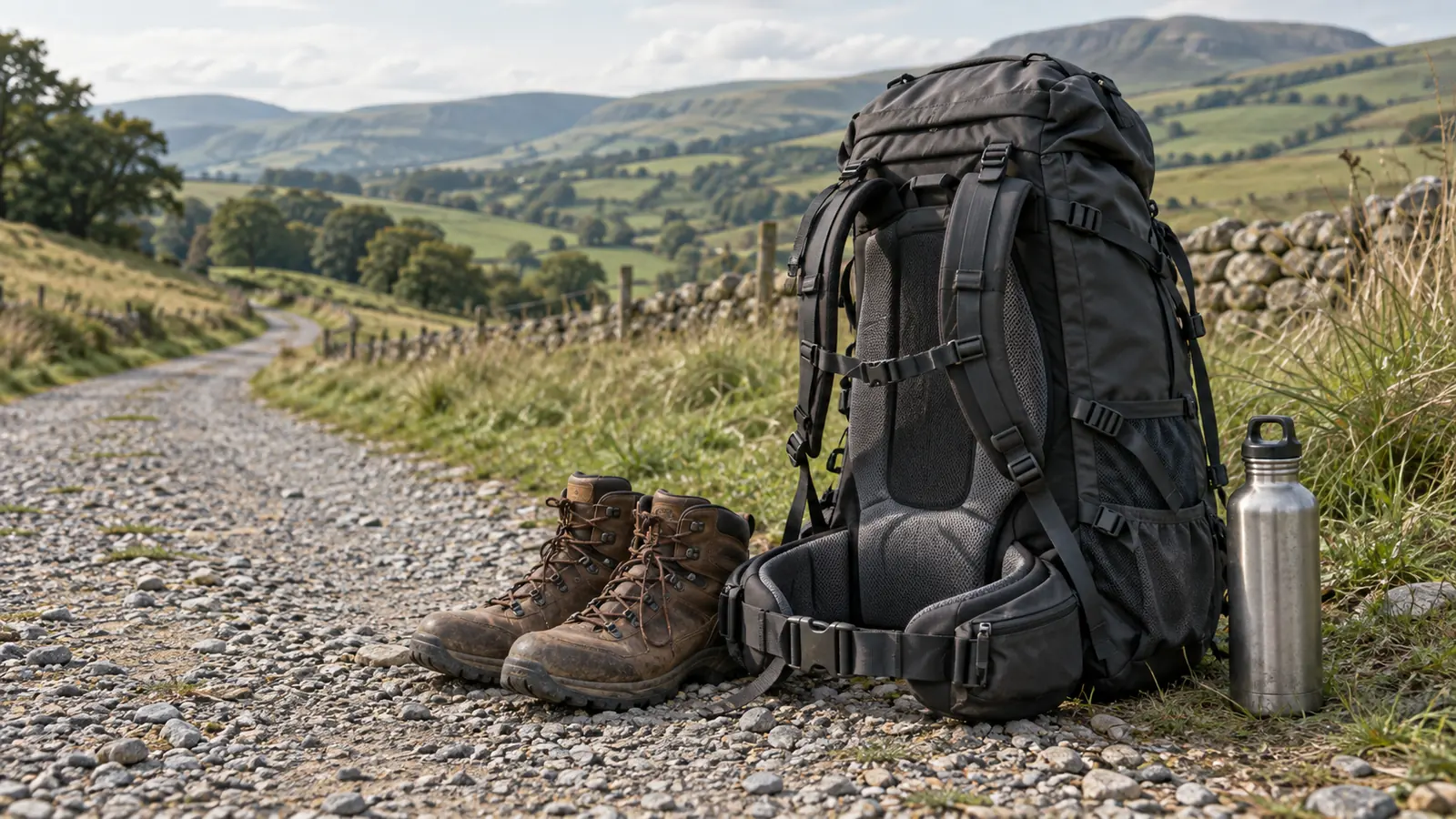 A loaded hiking pack with hip belt resting beside worn boots on a quiet gravel track in soft daylight