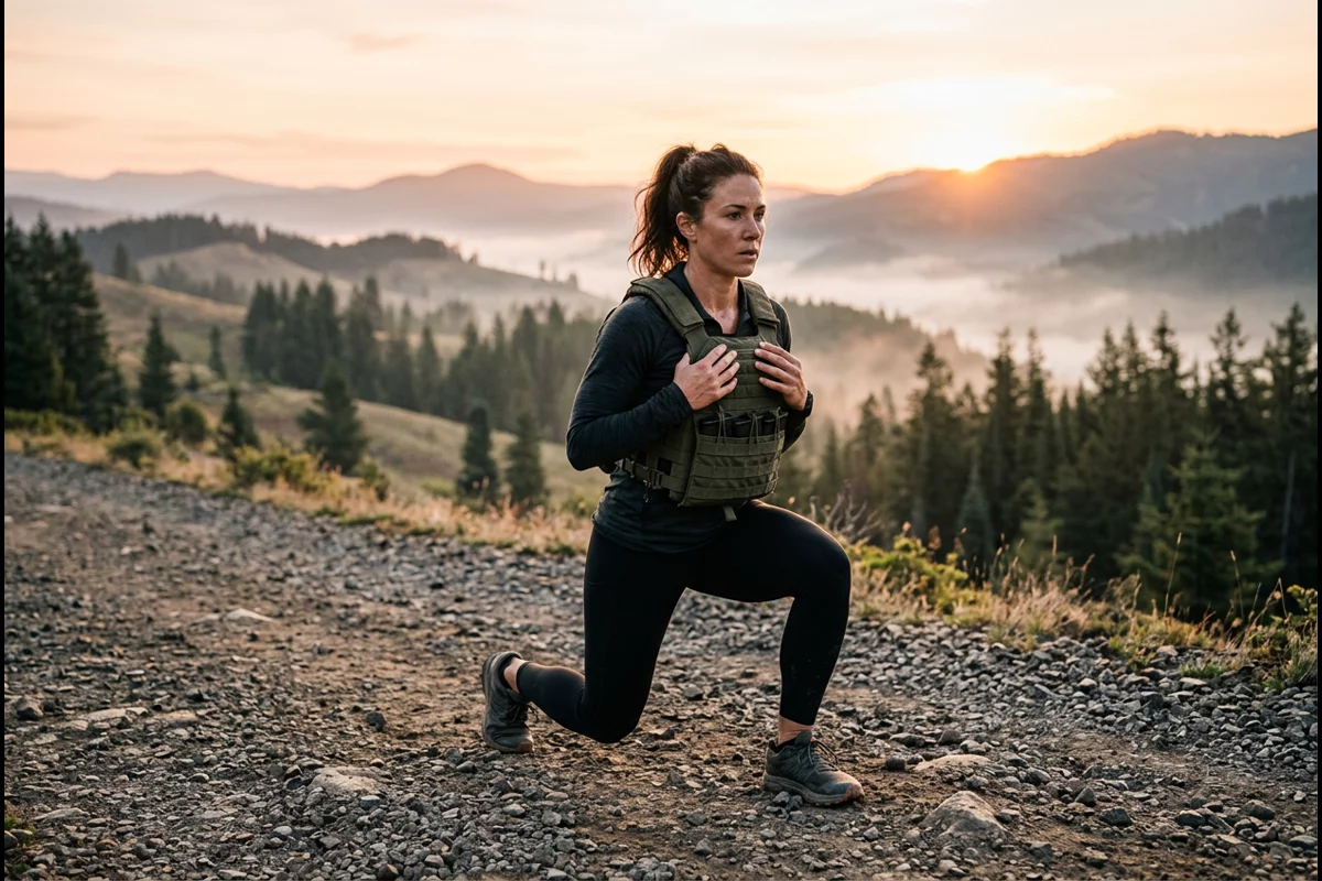 Endurance athlete wearing weighted rucking vest performing lunges along mountain trail at sunrise