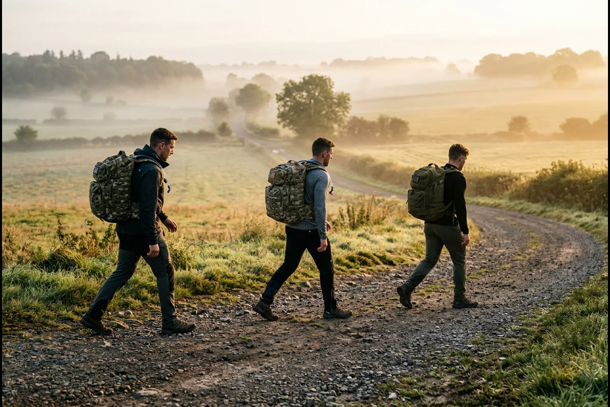 Three endurance athletes with weighted backpacks marching in formation along misty gravel road at dawn