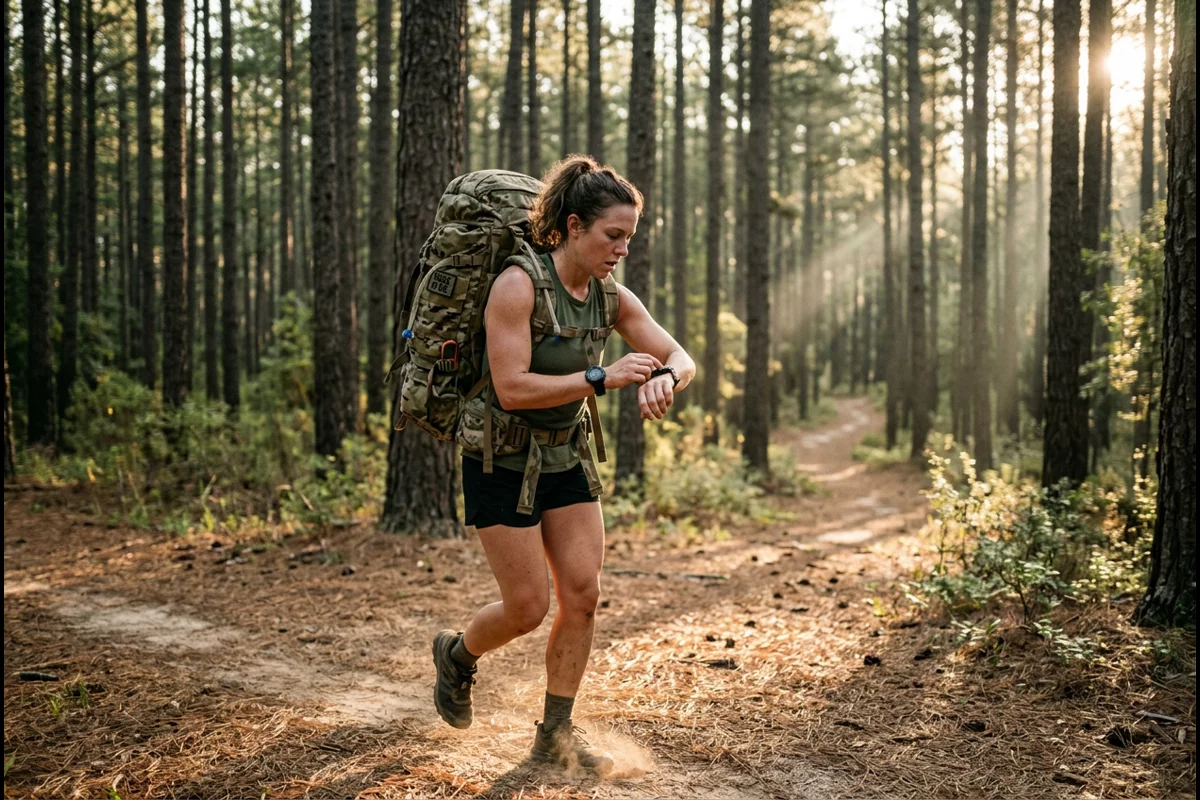 Endurance rucker checking rugged outdoor wrist watch while marching along a pine forest dirt trail