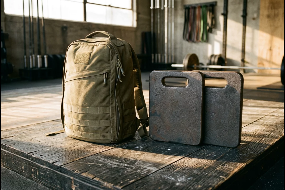 Heavy-duty tactical rucksack resting beside cast-iron ruck weight plates on wooden gym platform