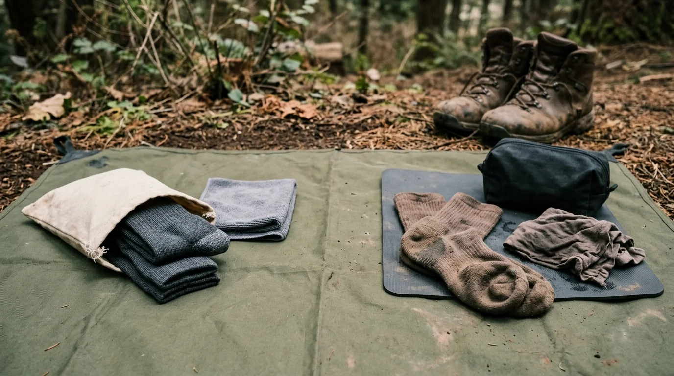 Folded grey socks and a towel beside a pouch, set apart from dusty socks and a used cloth