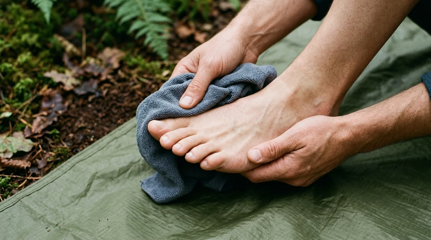 Hands holding a grey towel around a bare foot on an outdoor groundsheet
