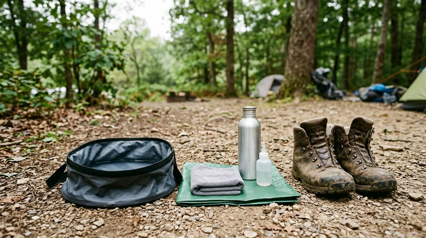 A wash basin beside a bottle and folded towel on a small green mat, with walking boots nearby