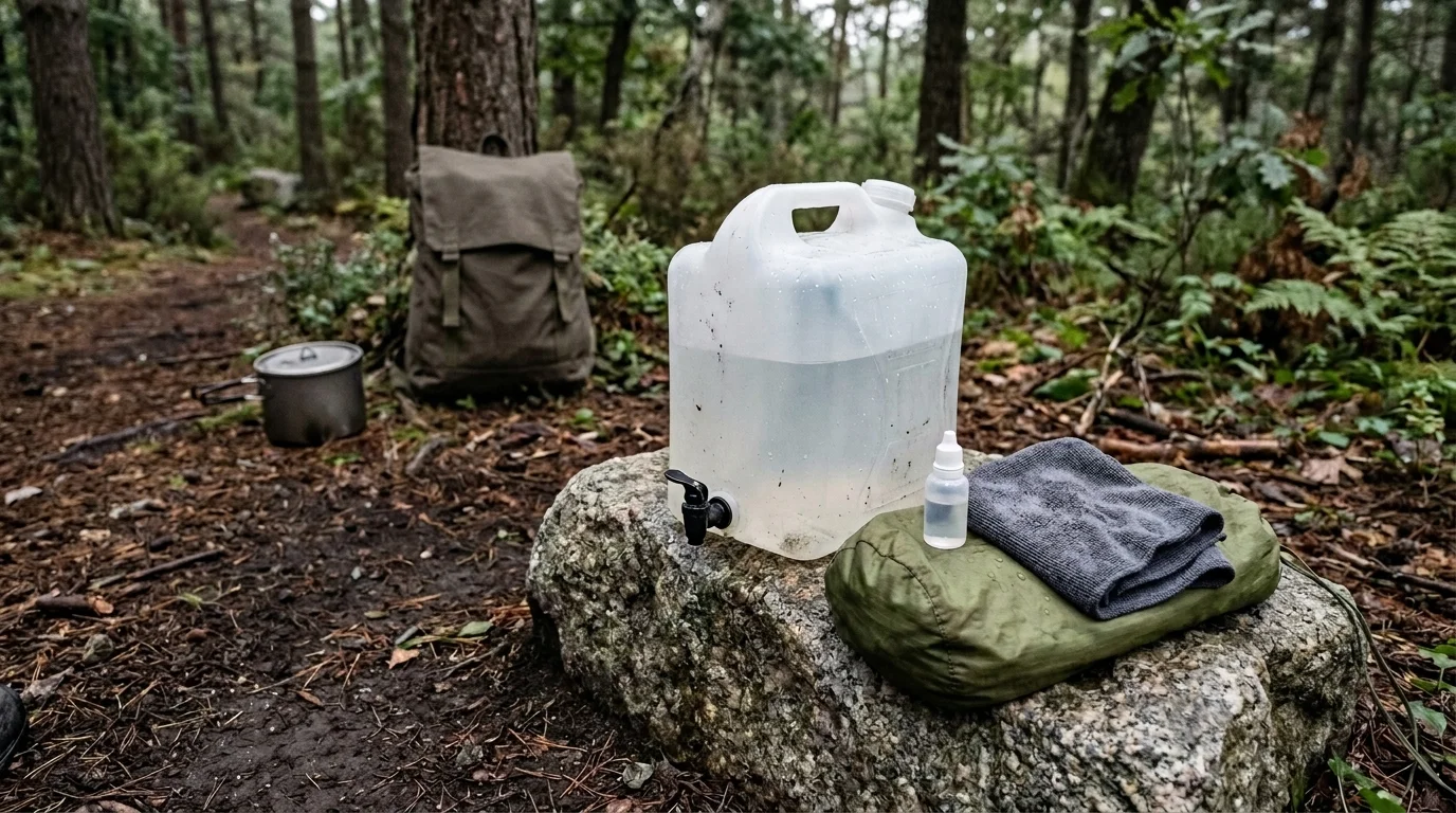 A translucent water jug with a spigot on a granite rock beside an unbranded soap bottle and grey towel on an olive sack