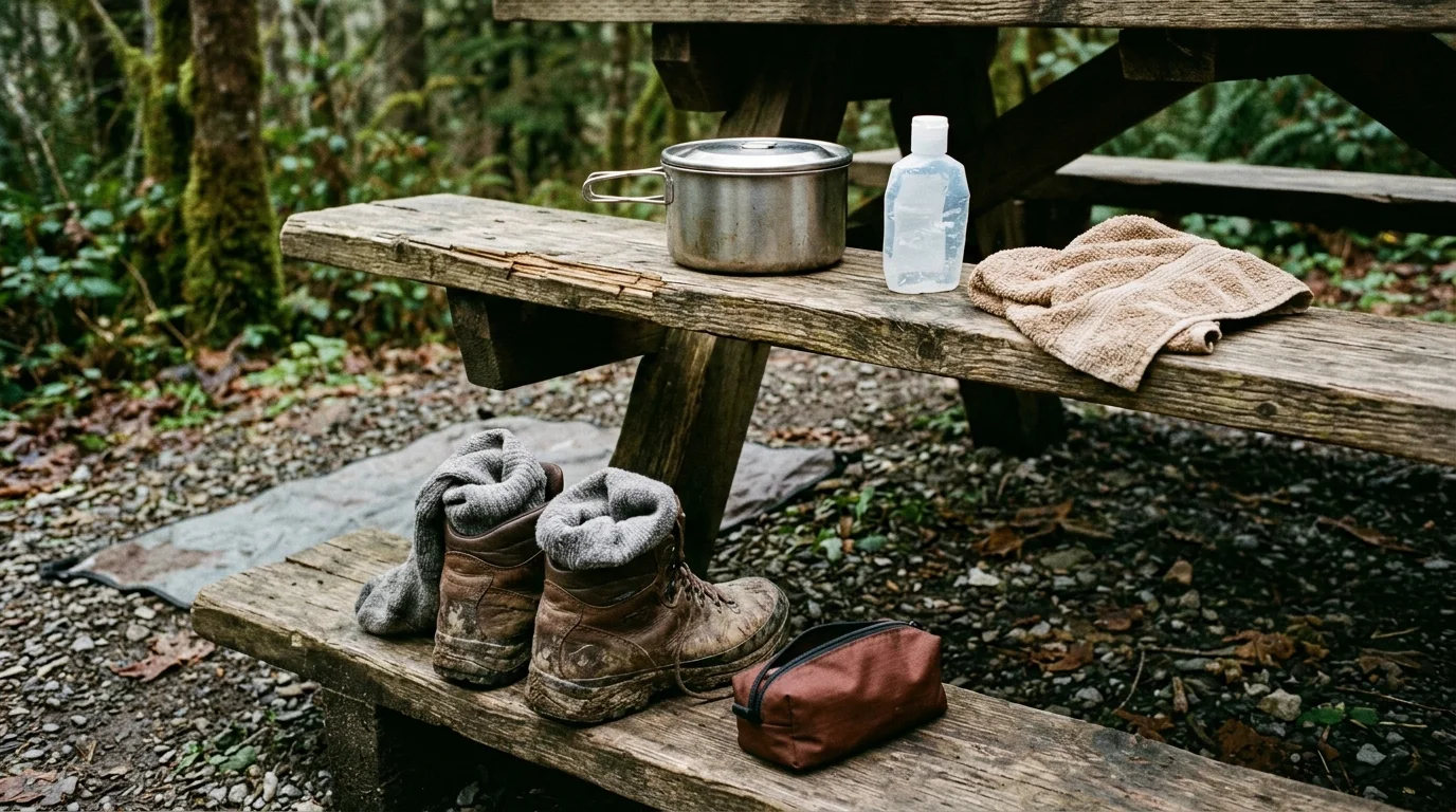 Muddy leather hiking boots, grey wool socks and a rust pouch on a lower bench step below a steel camp pot, clear soap bottle and beige towel on the upper plank