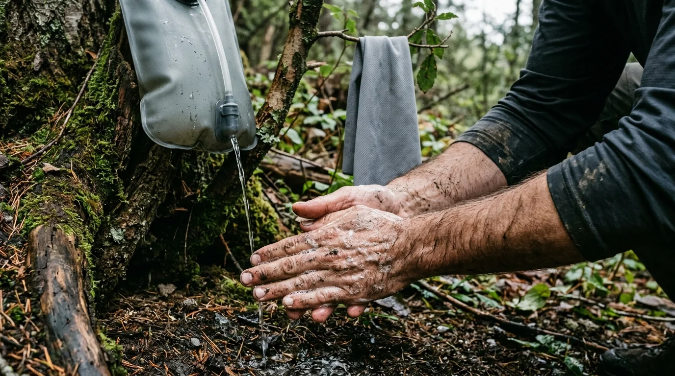 Soil-smudged hands scrubbing with white soap lather under a thin trickle of water from a grey bladder over forest soil